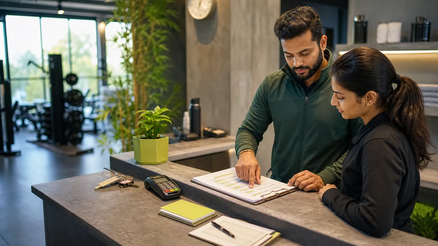 Indian gym owner reviewing the daily operating checklist with staff