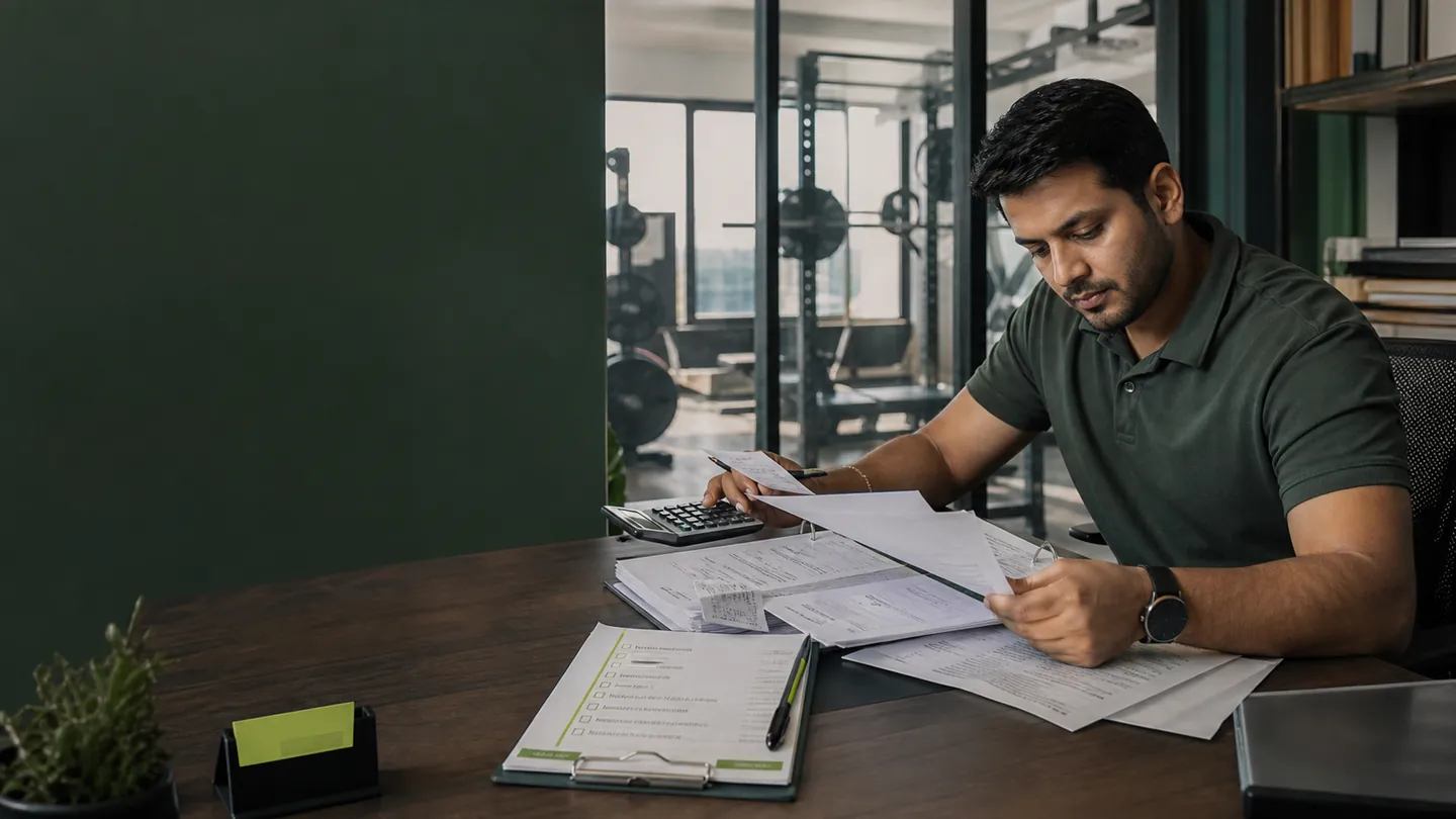Indian gym invoice and payment records on a desk