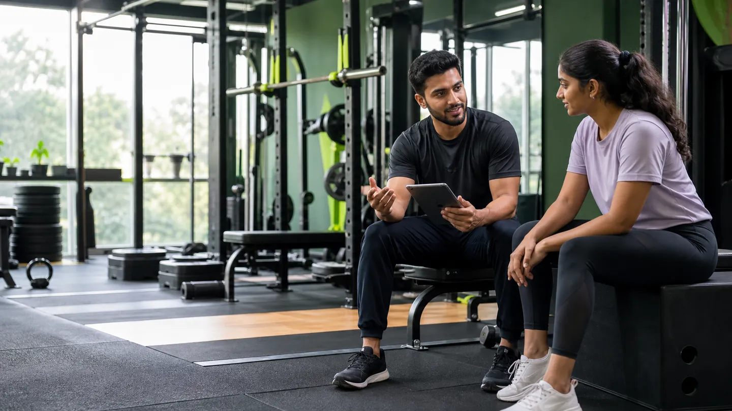 Personal trainer discussing a structured coaching plan with a gym member