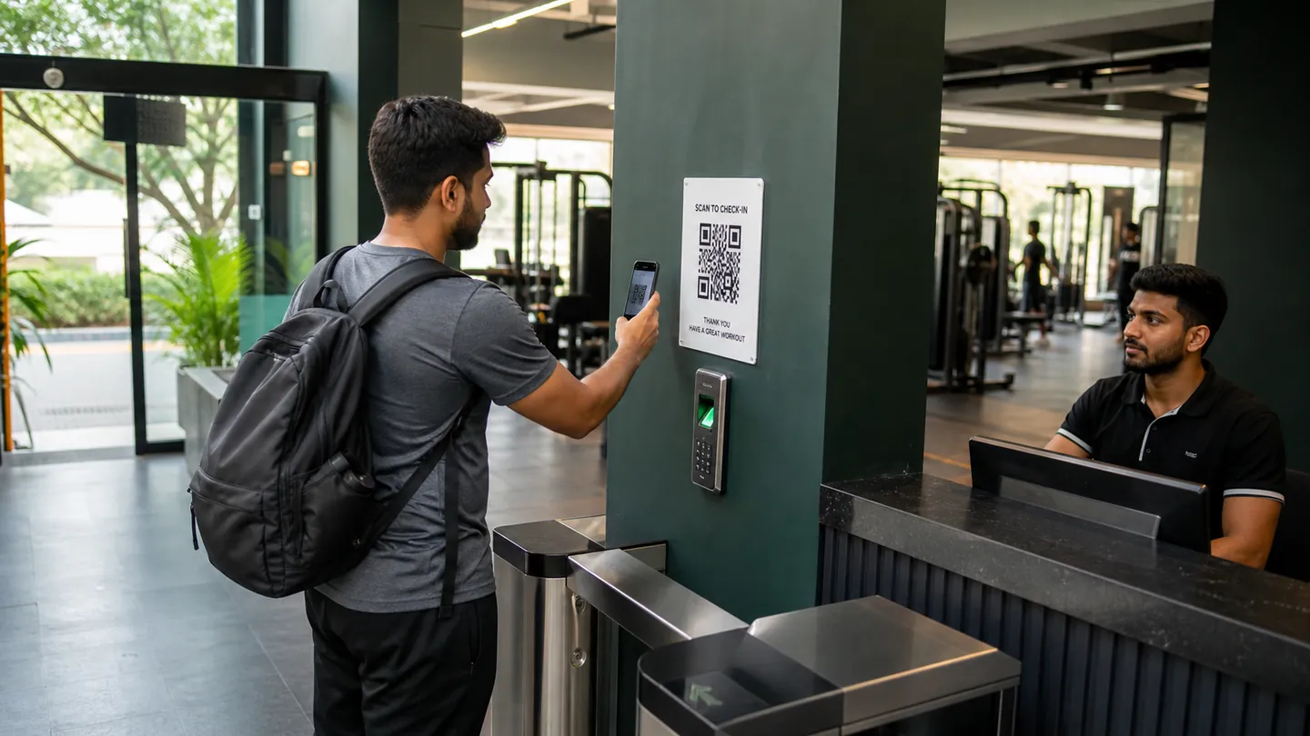 QR code and biometric attendance options at a gym entrance