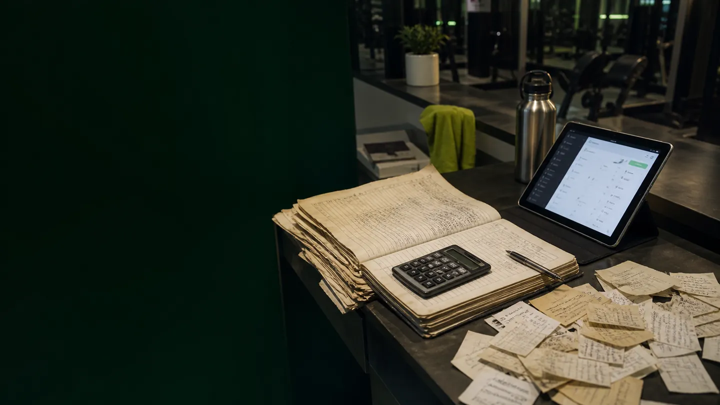 Paper gym register beside a modern member management dashboard