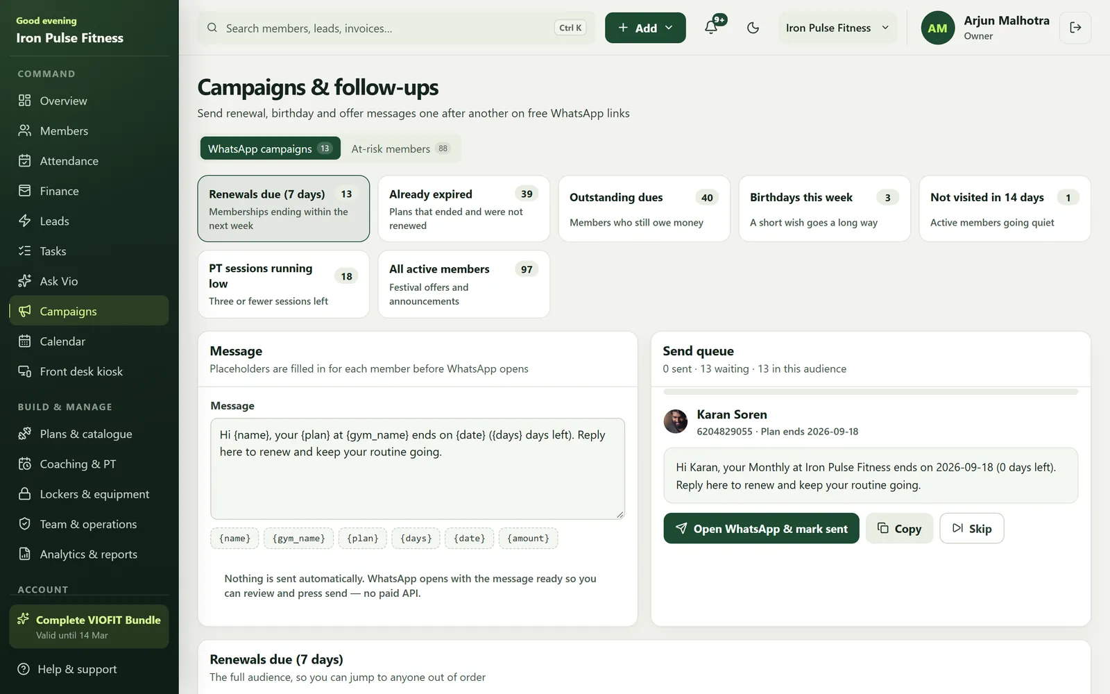 VIOFIT campaign centre preparing WhatsApp messages for dues and renewals